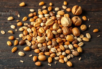 A medley of nuts and seeds scattered artfully on a dark wood surface,  image,  almonds