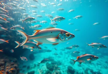 Naklejka premium A shimmering school of silverfish darts through vibrant blue tropical water, coral reef, tropical