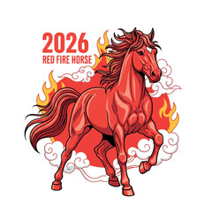horse, red, animal, 2026, illustration, drawing, vector, design, celebration, happy, chinese, japan, zodiac, holiday, year of the horse, japanese, banner, new year, holidays, card, background, 