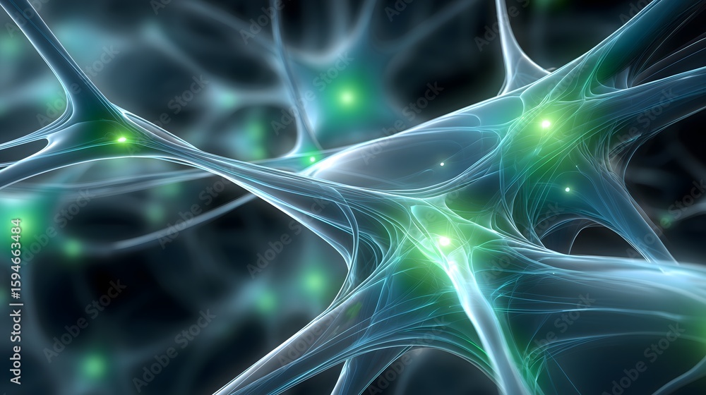 Aufkleber abstract luminous nodes interconnected by glowing soft lines over a dark background with blue and gr