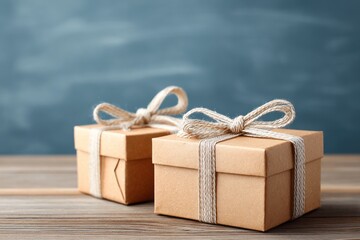 Two kraft paper gift boxes with twine bows on wooden surface and blue background. eco-friendly wrapping style. concept of creative gifting