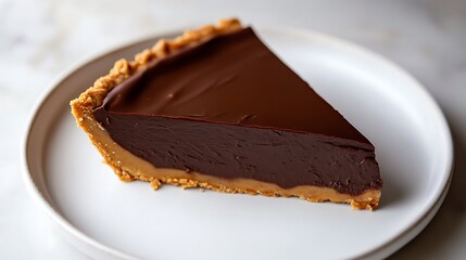 Slice of Chocolate Caramel Tart on a White Plate