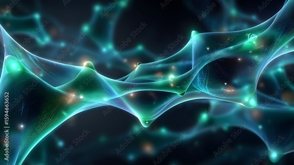 Poster abstract glowing network of luminous nodes connected by soft curves in green and blue on dark backgr