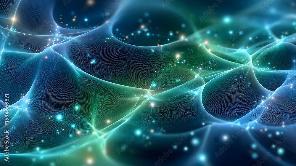 Aufkleber abstract glowing network of luminous nodes connected by smooth curves in green and blue gradients on