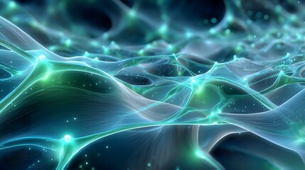 Naklejka premium Abstract glowing nodes connected by soft luminous curves on a dark background with green and blue gradients, symbolizing AI, data networks, and futuristic digital technology systems.