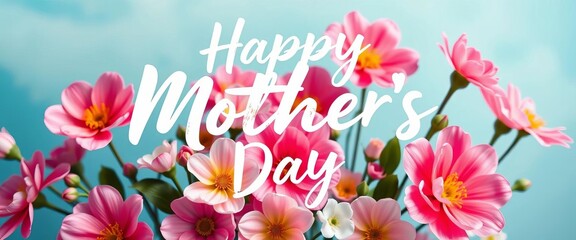 Elegant brush lettering "Happy Mother's Day" with blooming spring flowers, family, petals