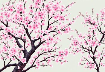 Fototapeta premium Elegant seamless pattern of blossoming cherry and plum trees in soft pastel colors, Chinoiserie Japandi style, print, tranquil