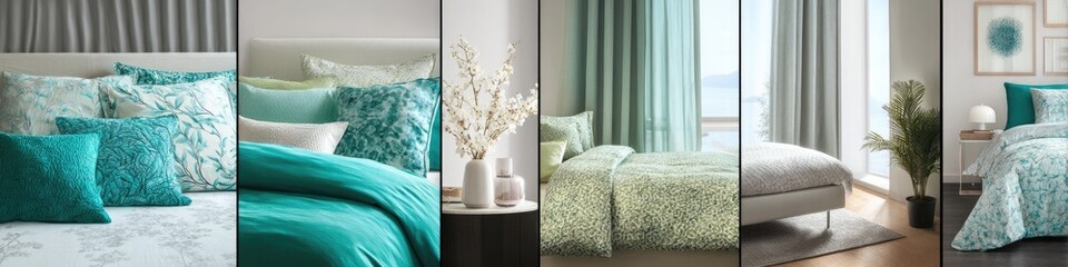 Multiple bedrooms showcasing teal and mint green bedding