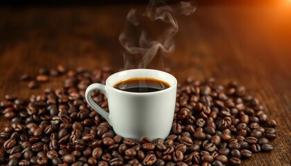 Fototapeta premium Steaming cup of coffee with scattered coffee beans nearby, roasted, drinkware