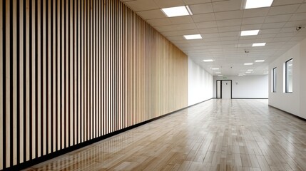 Fototapeta premium Empty hallway with light wooden paneling and laminate flooring.