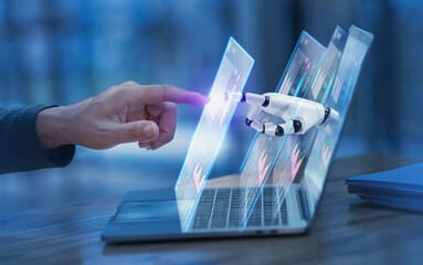 Hands of robot and human touching digital financial graphs and reports.