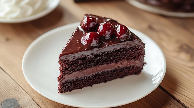 Decadent Chocolate Cake Slice Topped with Cherries and Chocolate Sauce