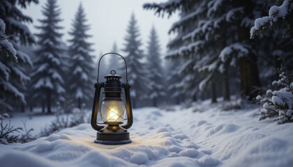 Glowing lantern rests on snowy path in serene winter forest, surrounded by snow covered trees. soft light creates warm contrast against cold, tranquil landscape
