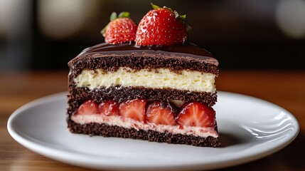 Decadent Chocolate Cake Slice with Cream and Strawberries