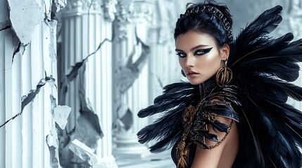 A full-resolution image of a mysterious woman with black feathers and bronze accessories, posed against a broken hall of white columns.
