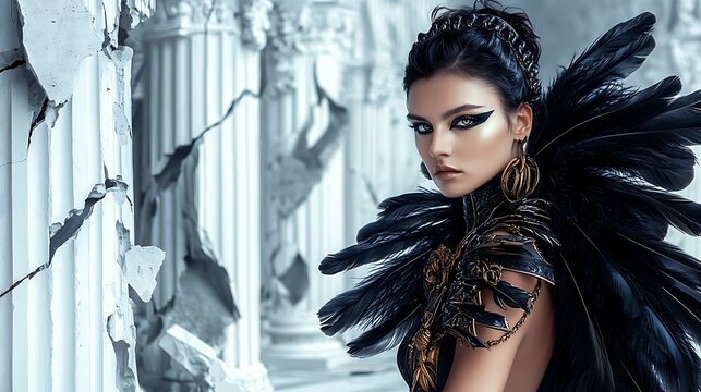 A full-resolution image of a mysterious woman with black feathers and bronze accessories, posed against a broken hall of white columns.