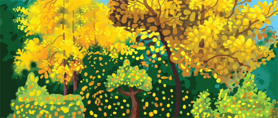 Cute cartoon hand drawn vector autumn trees background clipart.