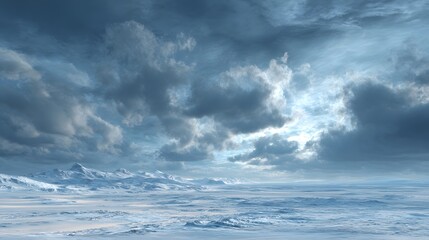 Frozen arctic tundra icy blue tone snow covered plain stretching horizon dramatic cloud overhead distant glacier iceberg clean composition perfect climate change polar wildlife untouched natural