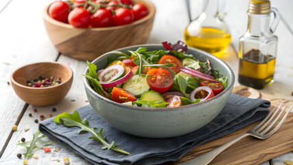 A vibrant salad bowl filled with juicy tomatoes, crisp onions, and refreshing cucumbers