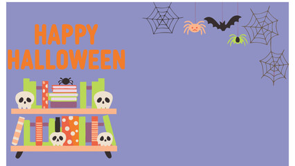 Fototapeta premium Happy halloween scene with bookshelf skulls spiders and bat on a purple background design vector