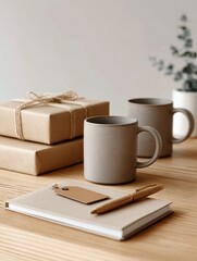 Black mugs, gift boxes, and stationery on wooden table in cozy natural setting. Custom mugs, engraved pens, personalized notebooks on a wooden desk, wrapped in kraft paper, cozy workspace
