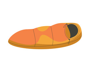 Tourist sleeping bag. Travel, outdoor recreation, fresh air. Vector illustration isolated on white. Sleeping outdoor bedding, camping bed blanket hiking or vacation adventure. Fishing hunting gear.