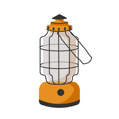 Camping lantern with handle. Vintage kerosene lamp with a wick. Vintage oil lamp vector illustration in a flat cartoon style isolated on white background. Antique oil lamp for room lighting.