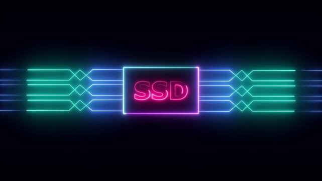 Networking chip icon futuristic neon circuit board SSD animated. on black background. Motion graphic of digital SSD logo with futuristic technology.