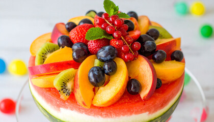 Creative birthday cake made from round red watermelon decorated with fresh peach slices, kiwi, dark grapes, and mint leaves on top for a refreshing summer concept

