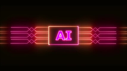 Networking chip icon futuristic neon circuit board AI animated. on black background. Motion graphic of digital AI logo with futuristic technology - Powered by Adobe