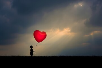 Fototapeta premium Child Holding Red Heart Balloon at Sunset