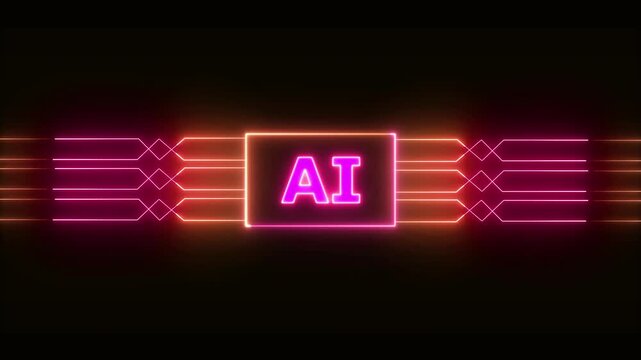 Networking chip icon futuristic neon circuit board AI animated. on black background. Motion graphic of digital AI logo with futuristic technology