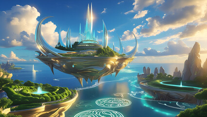 Majestic Glowing Floating Island in Fantasy-Inspired Sky with Ethereal Light and Magical Landscape
