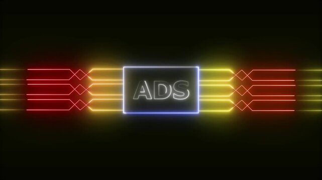 Networking chip icon futuristic neon circuit board ADS animated. on black background. Motion graphic of digital ADS logo with futuristic technology...