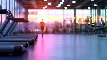 Vibrant sports arena with person jogging at sunset, creating motivational atmosphere