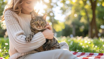 warm hug between cat and her owner at a backyard, morning sunlight, international cat day