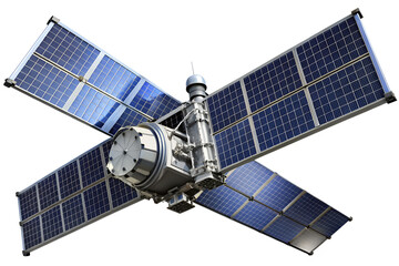A sophisticated satellite with solar panels floats in space, isolated on a transparent background, symbolizing technological advancement
