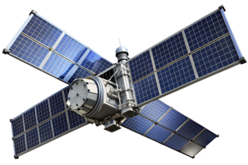A sophisticated satellite with solar panels floats in space, isolated on a transparent background, symbolizing technological advancement