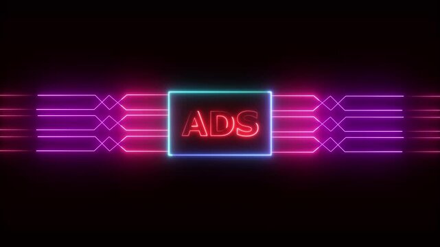 Networking chip icon futuristic neon circuit board ADS animated. on black background. Motion graphic of digital ADS logo with futuristic technology...