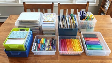Organized school supplies in plastic bins on wooden table in natural light. Homework and Folder Organization