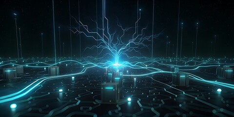 A glowing blue digital network spreads across a futuristic landscape of circuits and data.