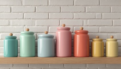 Colorful ceramic jars on a wooden shelf against a white brick wall