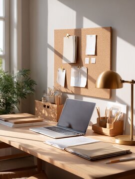 Cozy home office desk with laptop, notebooks, and wooden accessories in sunlight. Minimalist dorm study desk with laptop, stationery organizer, desk lamp, notebooks, and corkboard
