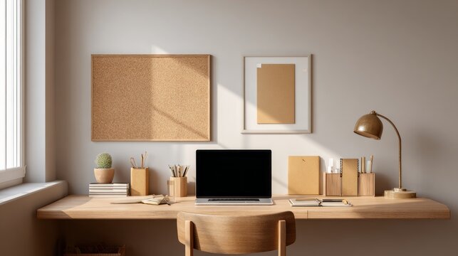 Minimalist dorm study desk with laptop, stationery organizer, desk lamp, notebooks, and corkboard. Minimalist workspace with laptop and corkboard in natural morning light.
