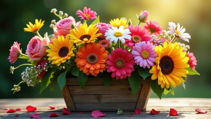 Colorful floral arrangement in wooden box on wooden table with scattered petals