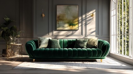 Bright apartment living with modern green couch high resolution picture