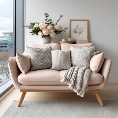 Blush pink couch in city apartment high resolution picture