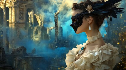 A profile image of a woman with a birdlike black mask, ivory ruffles and gemstone pendant, ruins bathed in blue and golden mist.
