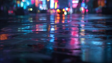 Vibrant city reflections illuminate wet street. AI generated