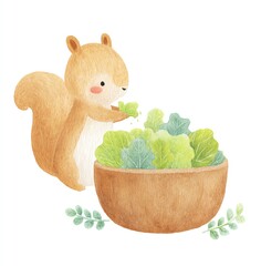 Cute Squirrel Gathering Greens for Salad